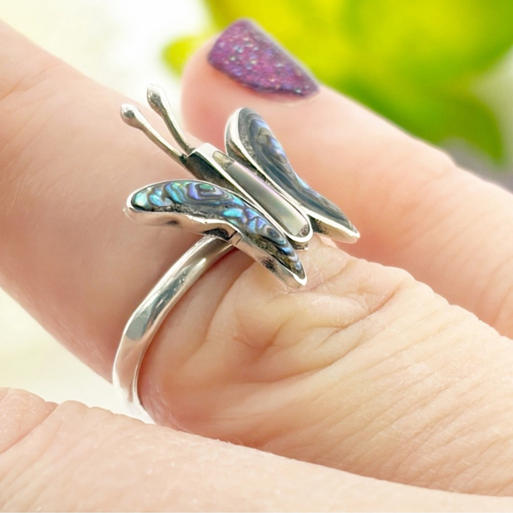 Vintage Sterling Silver 925 Southwest Abalone Butterfly Ring Size 5 6 7 7.5 - Picture 3 of 11